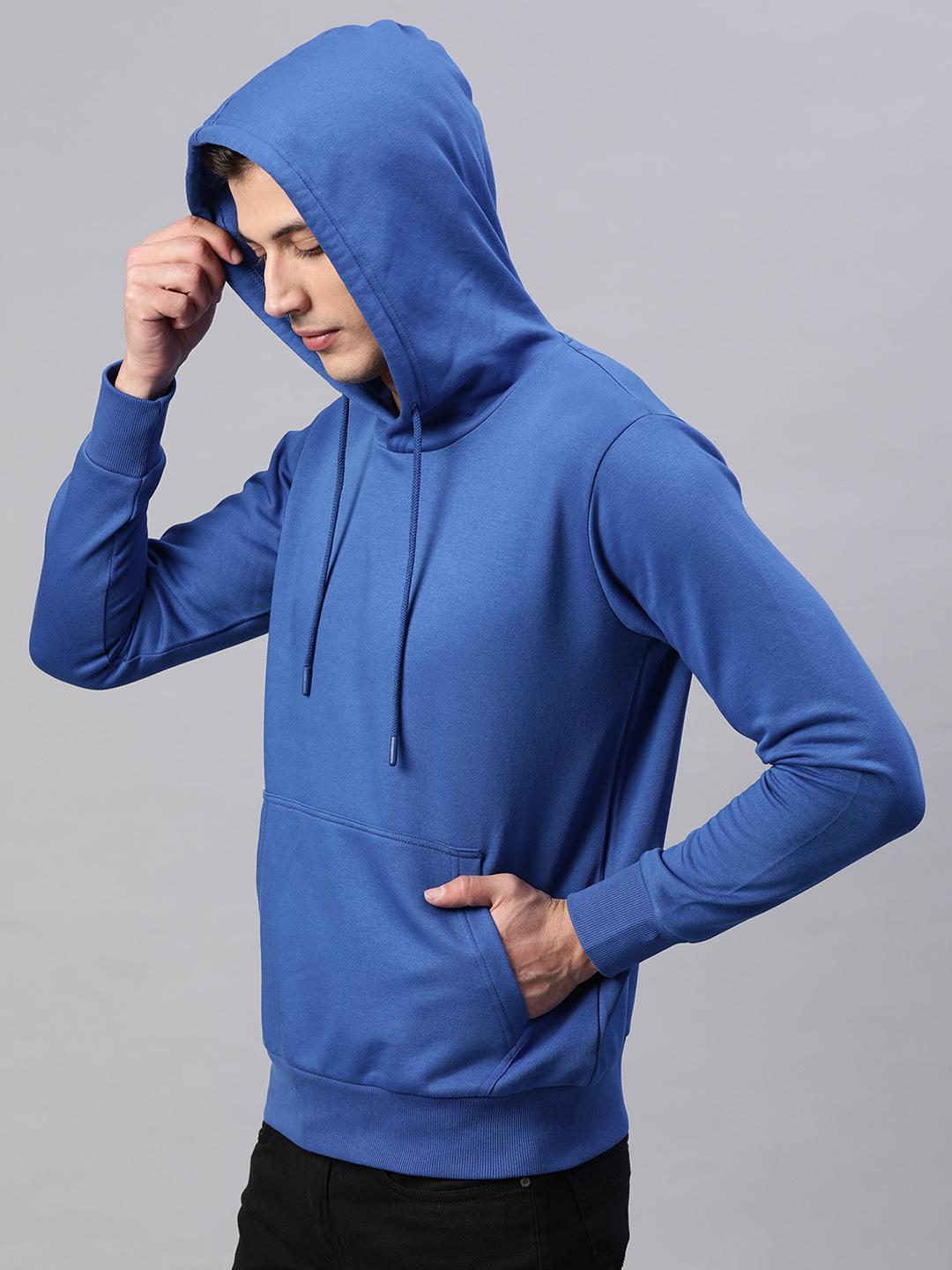 Men Blue Solid Hooded Sweatshirt