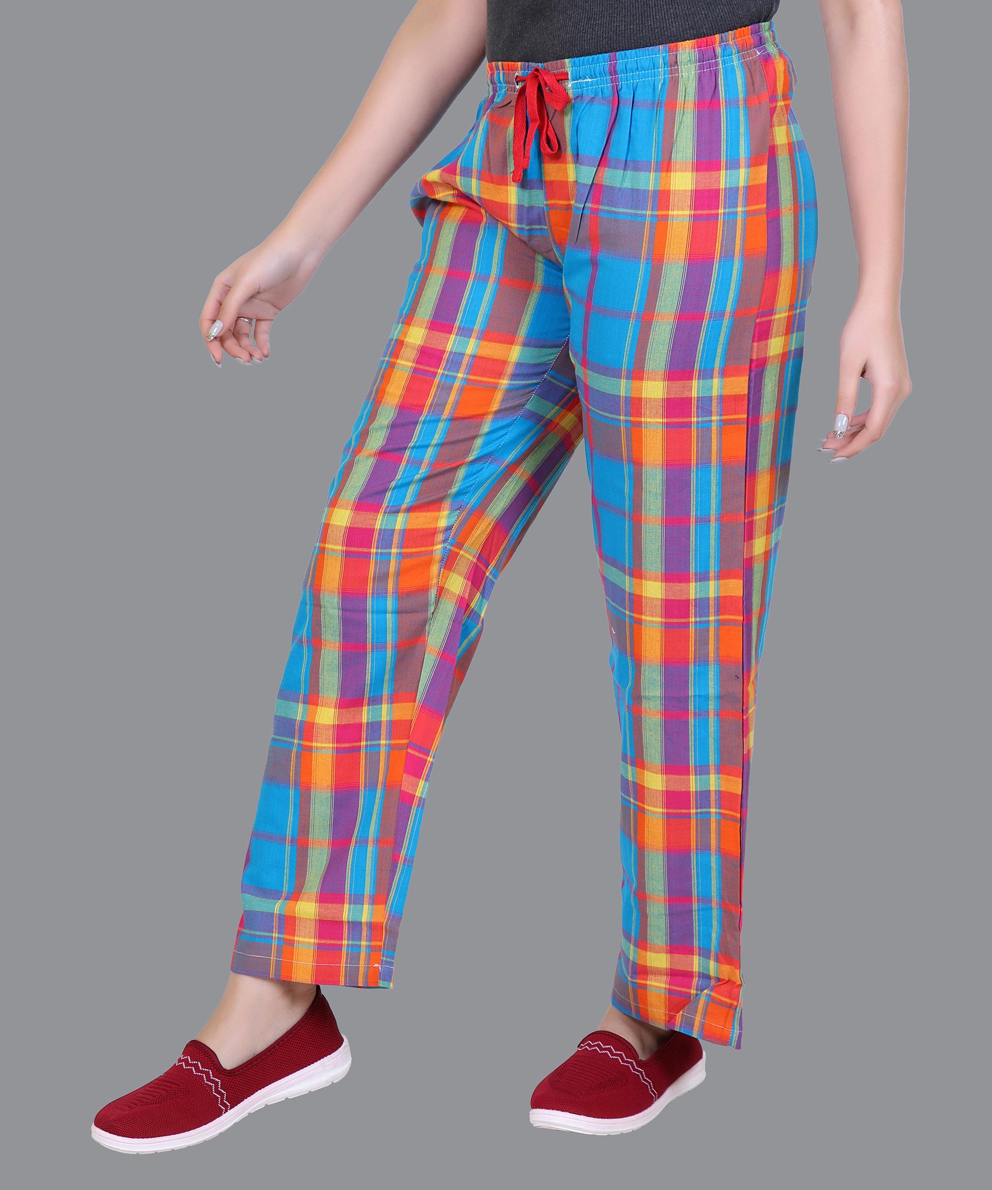 Women Blue & Orange Checked Pajama Regular Fit 