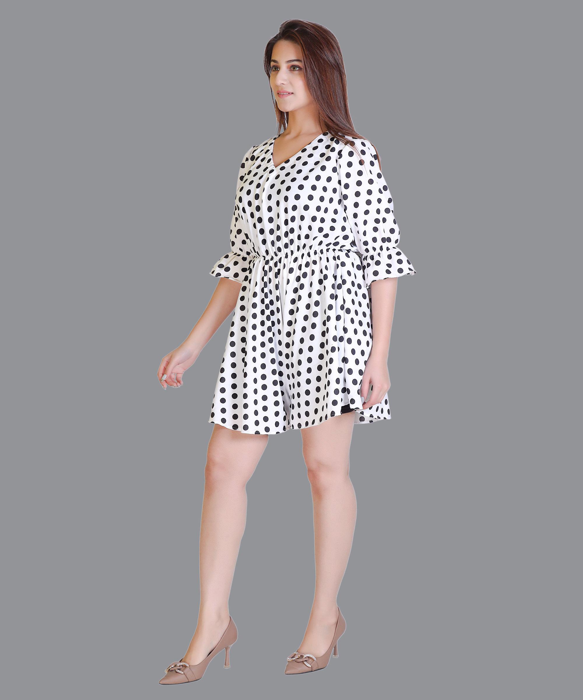 Women Western Dress Print Top – White Polka