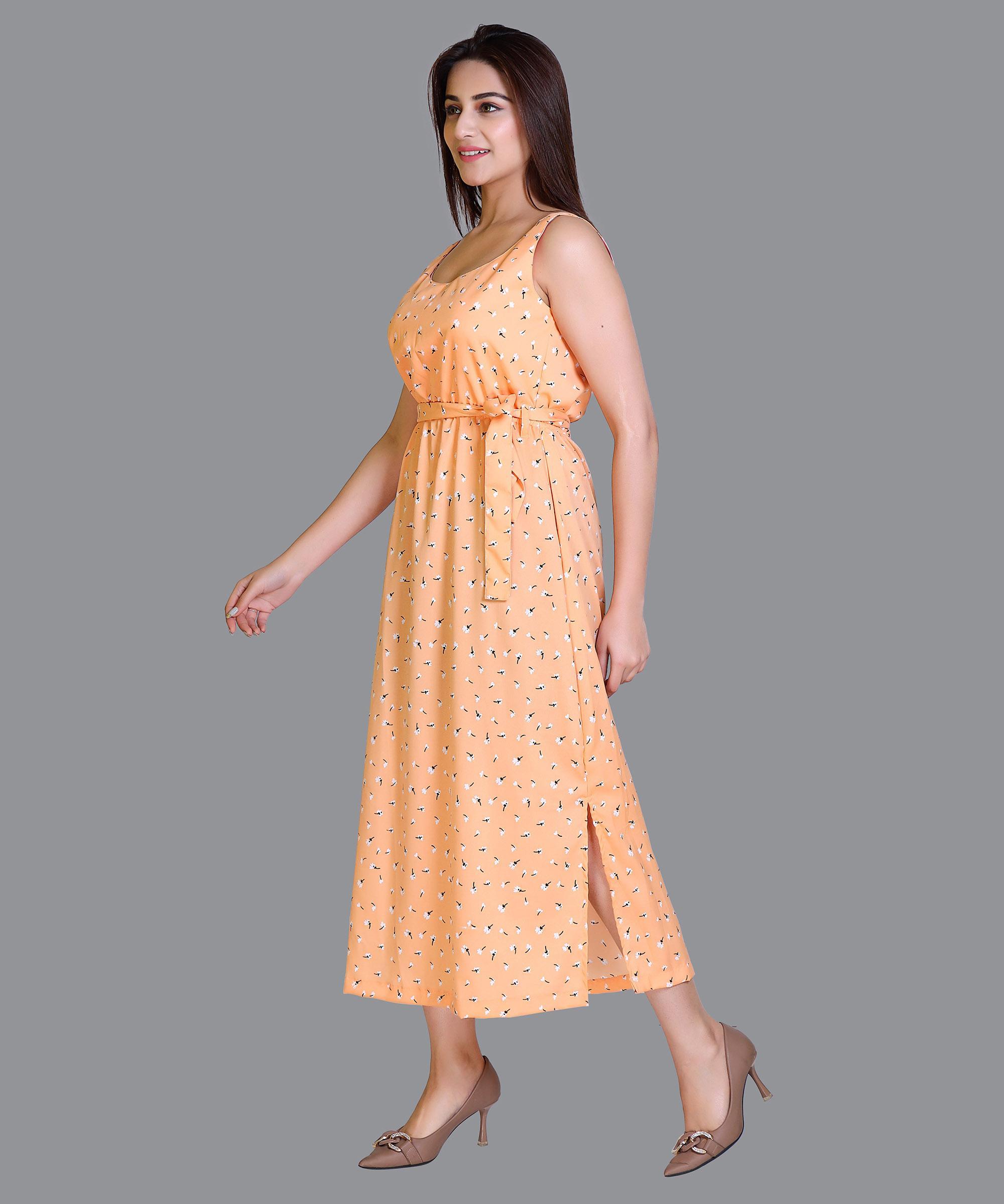 Women Satin Orange Print Western Dress