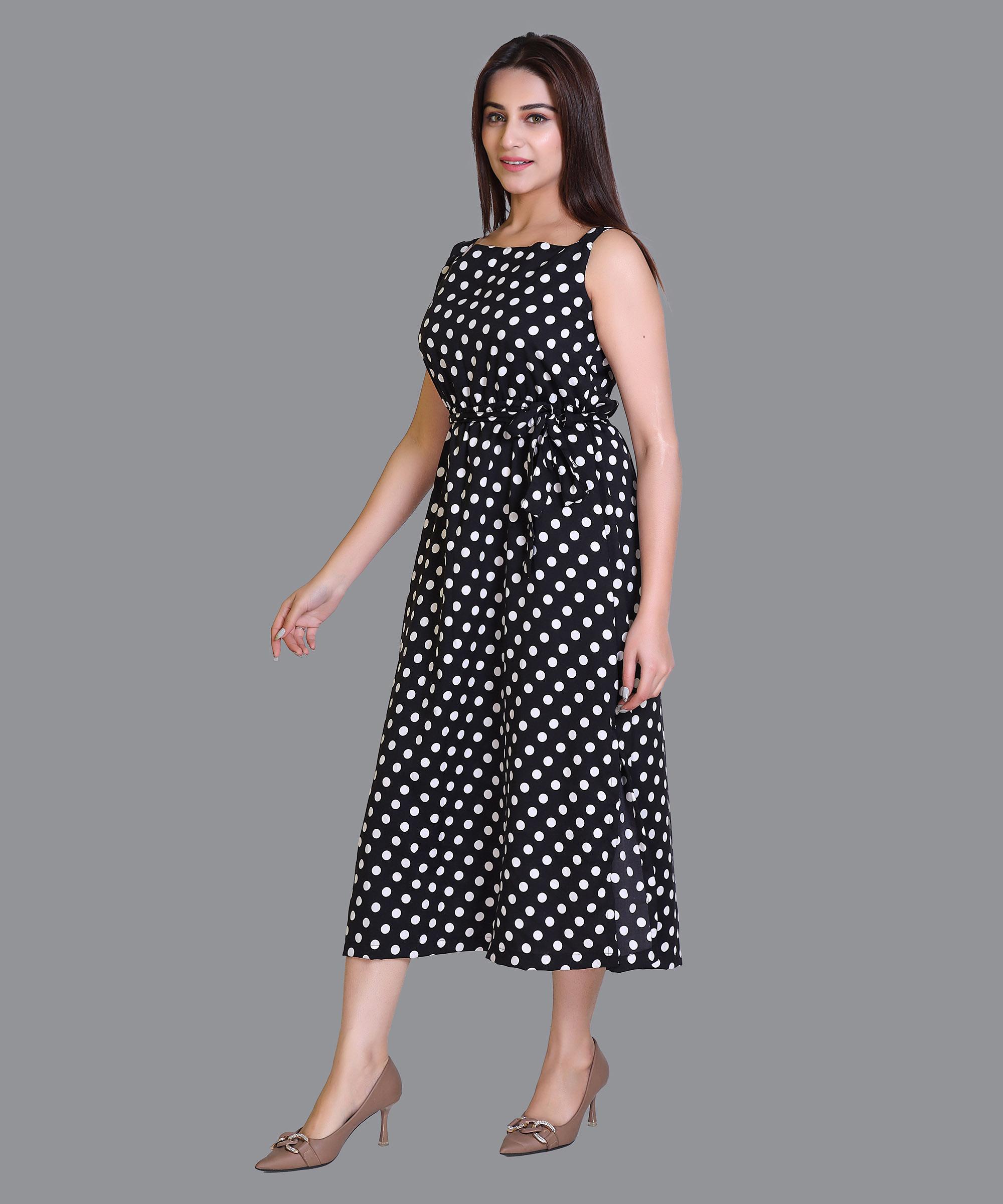 Women Satin Black Polka Western Dress