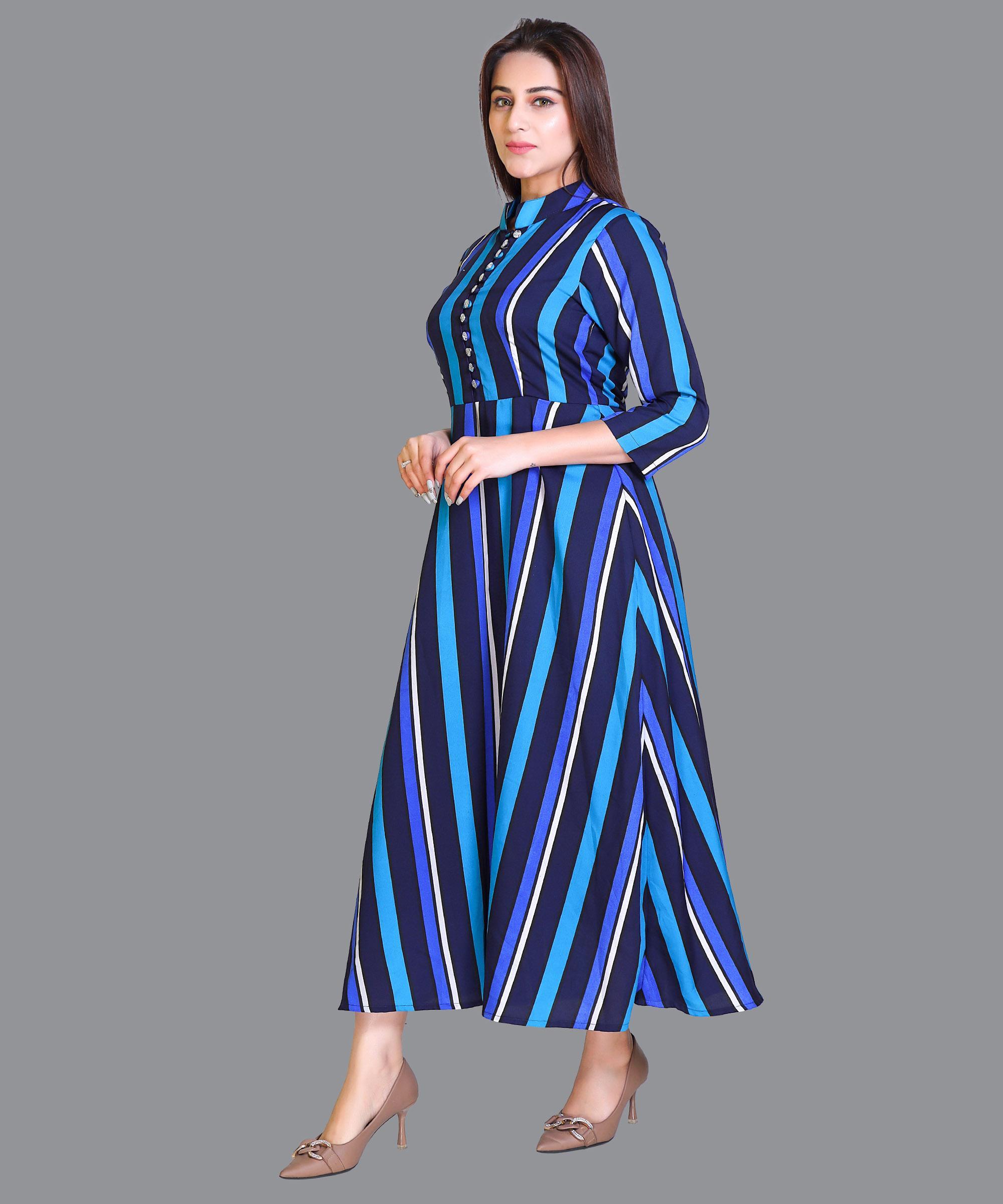 Women Satin Blue Strips Western Dress