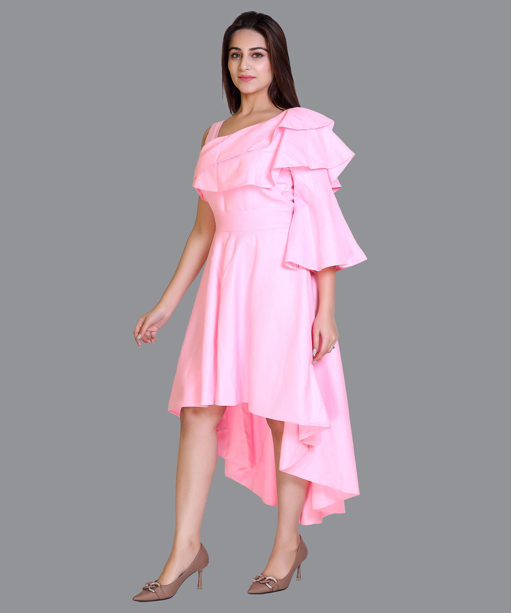 Women Satin Baby Pink Print Western Dress