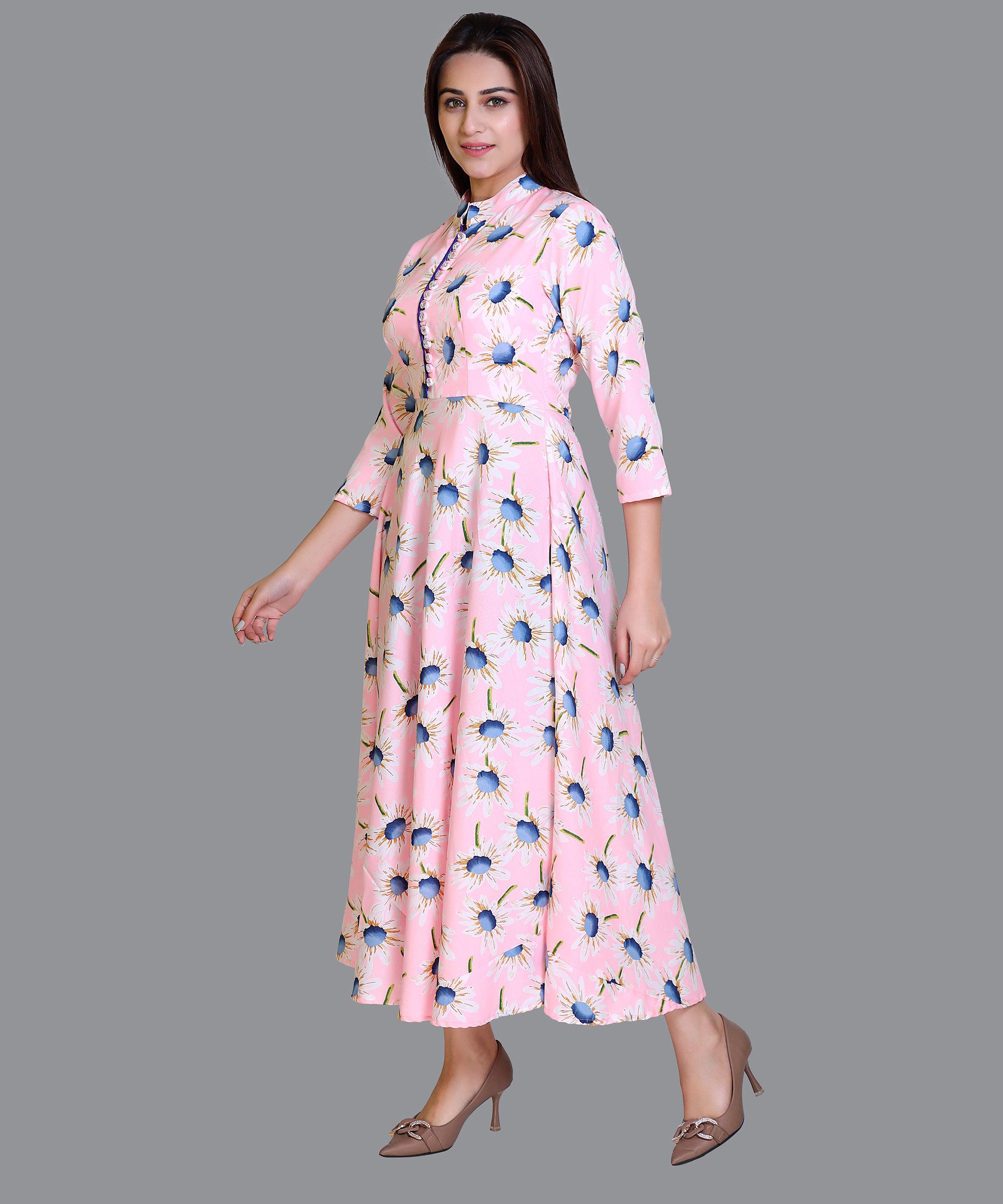 Women Satin Pink Floral Print Western Dress