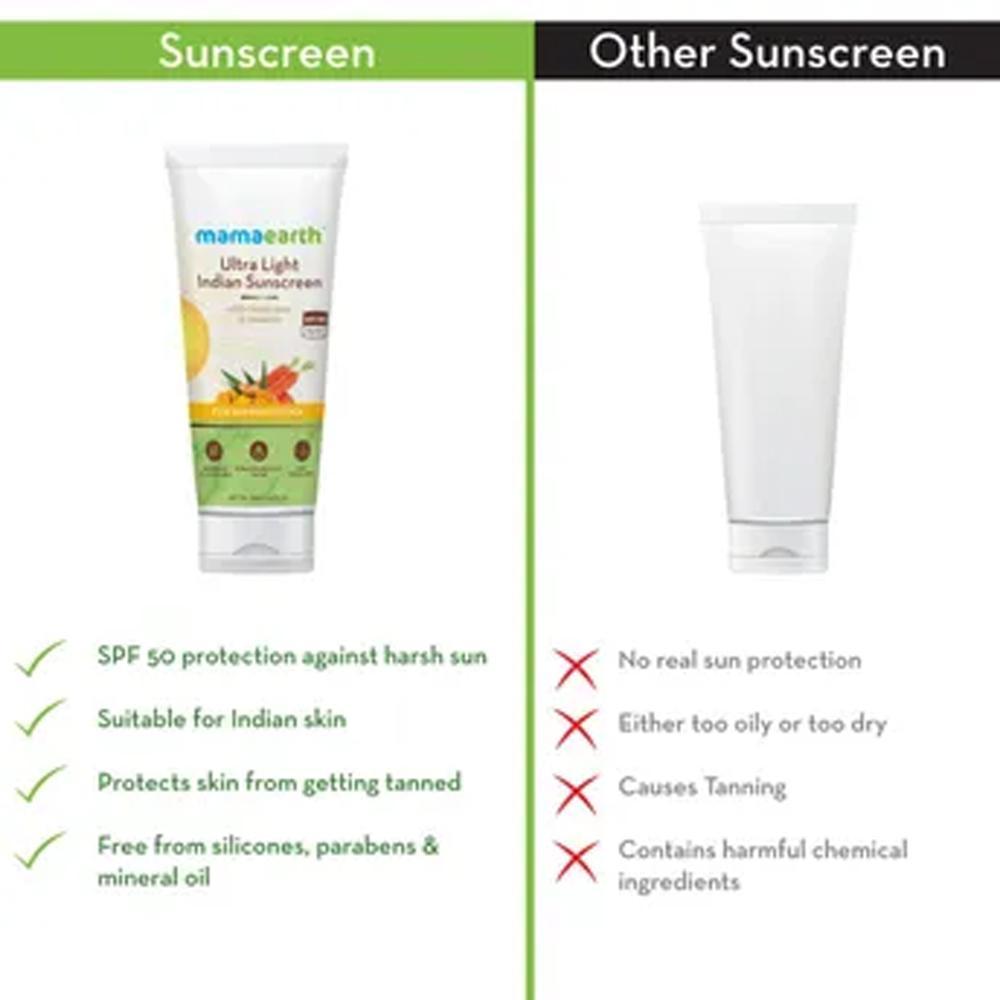 Mamaearth Ultra Light Indian Sunscreen SPF50 PA+++ With Turmeric & Carrot Seed