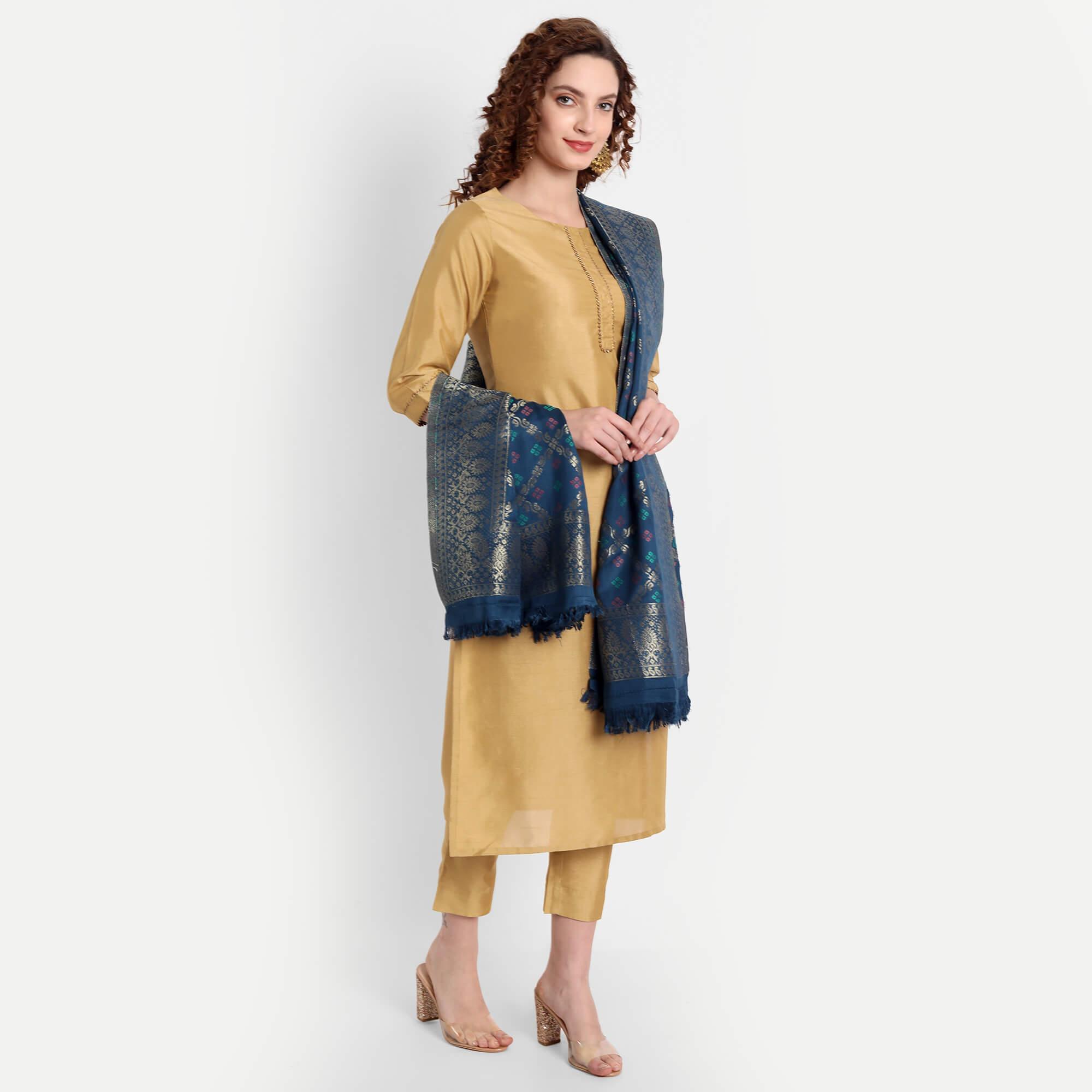 Hemkunt Fabrics viscose/zari / Cotton Blend jacquard Blue Women Dupatta