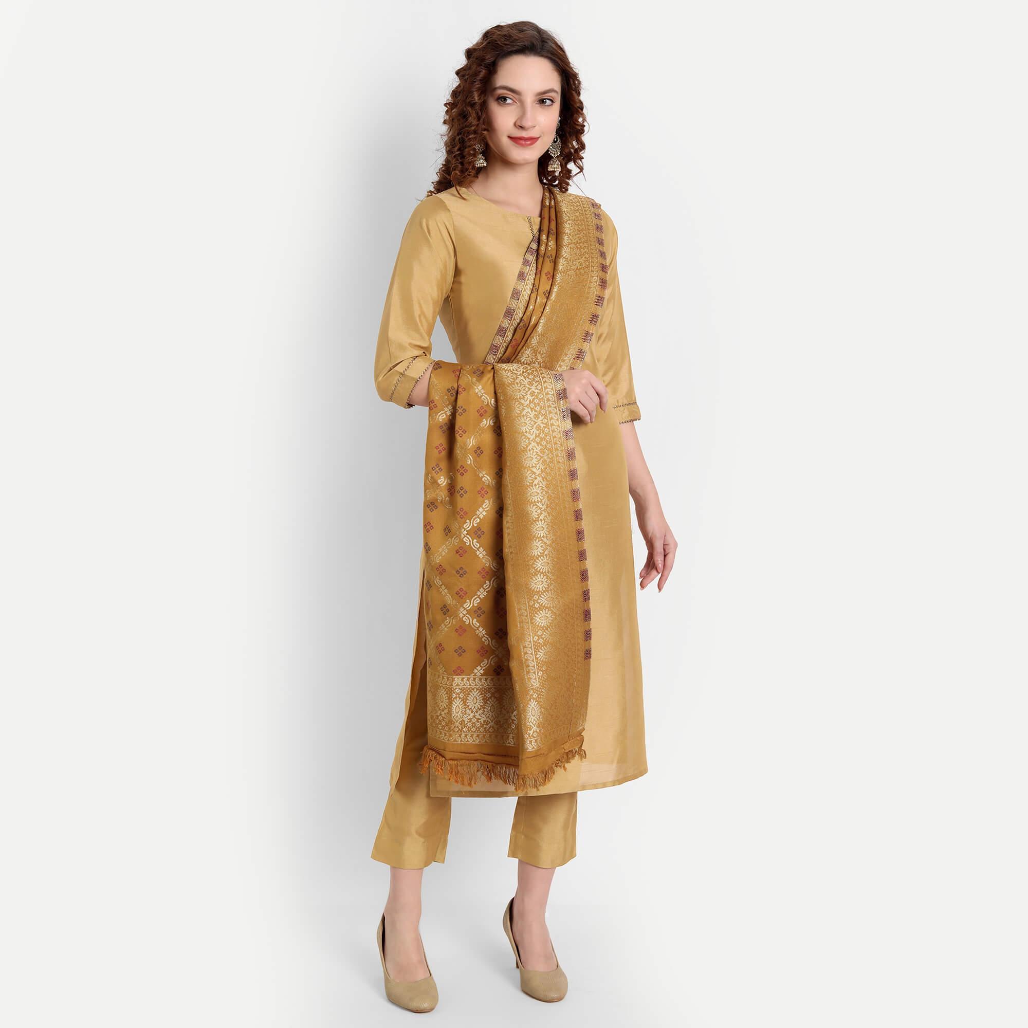 Hemkunt Fabrics viscose/zari / Cotton Blend jacquard Gold Women Dupatta