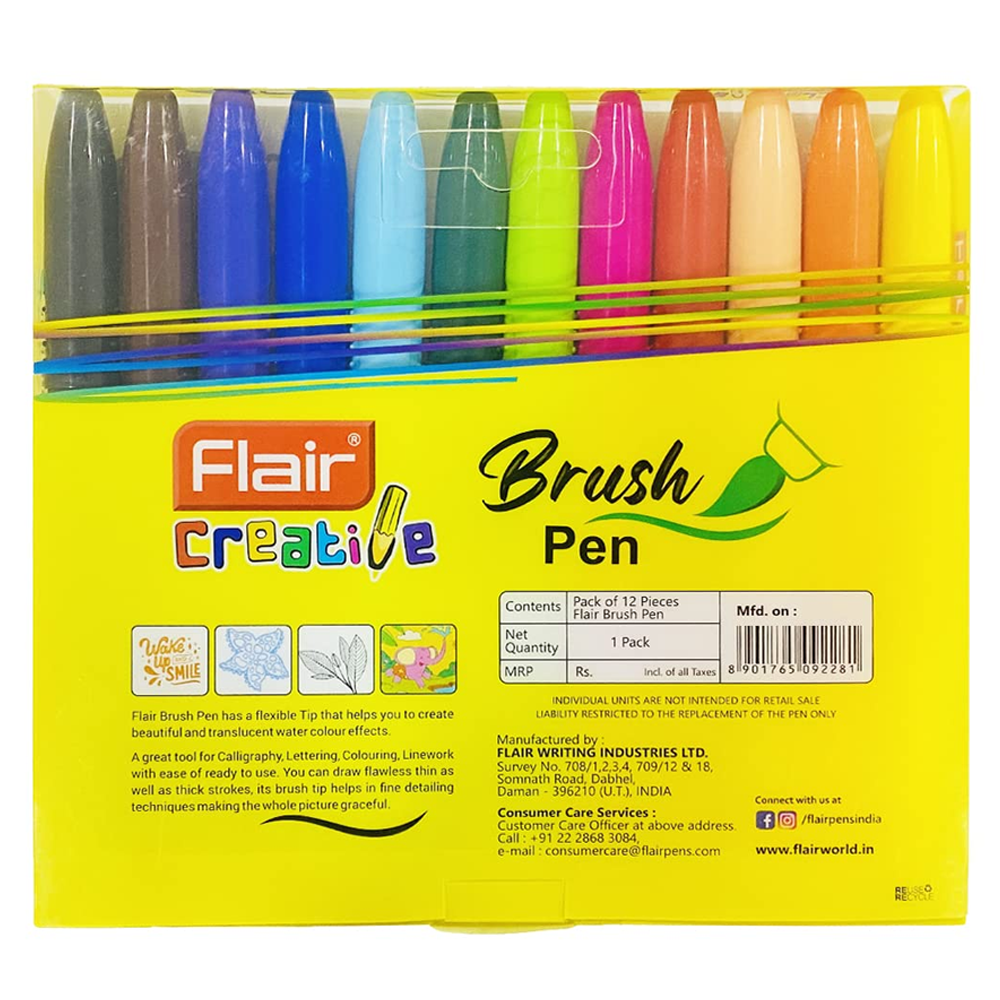 FLAIR Creative Brush Pen With Flexible Tip | Watecolour Effect & Smudge Free Writing | Non-Toxic & Safe For Childrens | A Great Tool For Lettering & Calligraphy | Set of 12 Bright Shades