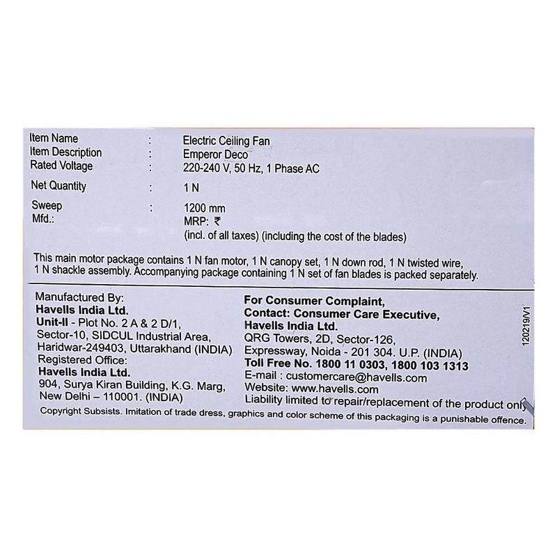 Havells Ceiling Fan Model Emperor Deco, 1 N