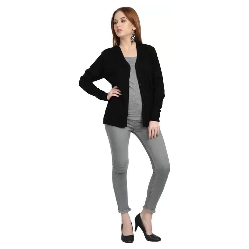 Companion Solid V Neck Casual Women Black Sweater