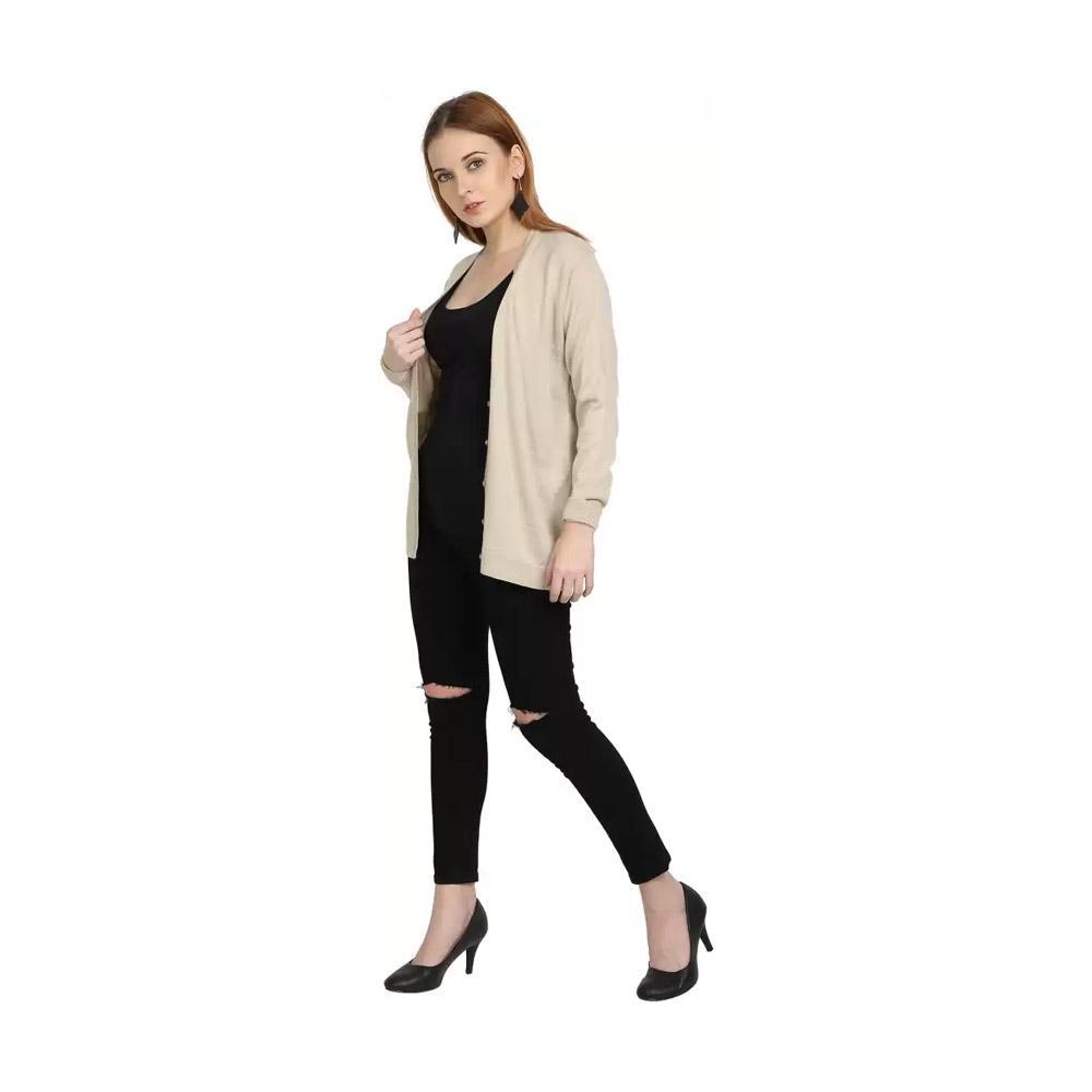 Companion Solid V Neck Casual Women Beige Sweater