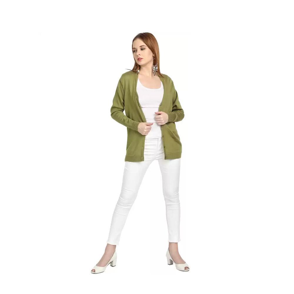 Companion Solid V Neck Casual Women Green Sweater