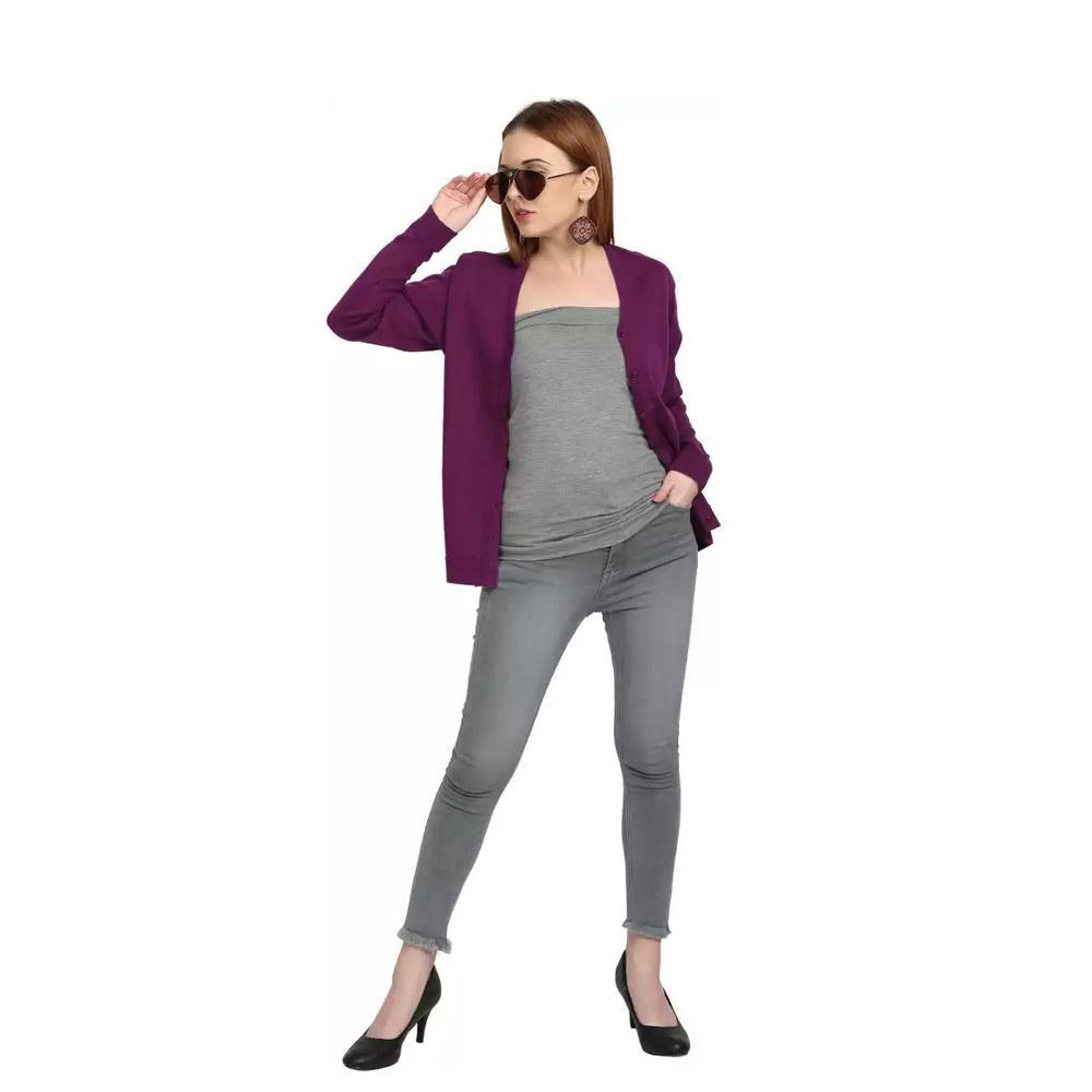Companion Solid V Neck Casual Women Purple Sweater