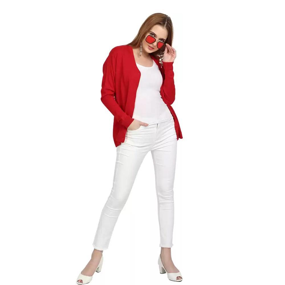 Companion Solid V Neck Casual Women Red Sweater