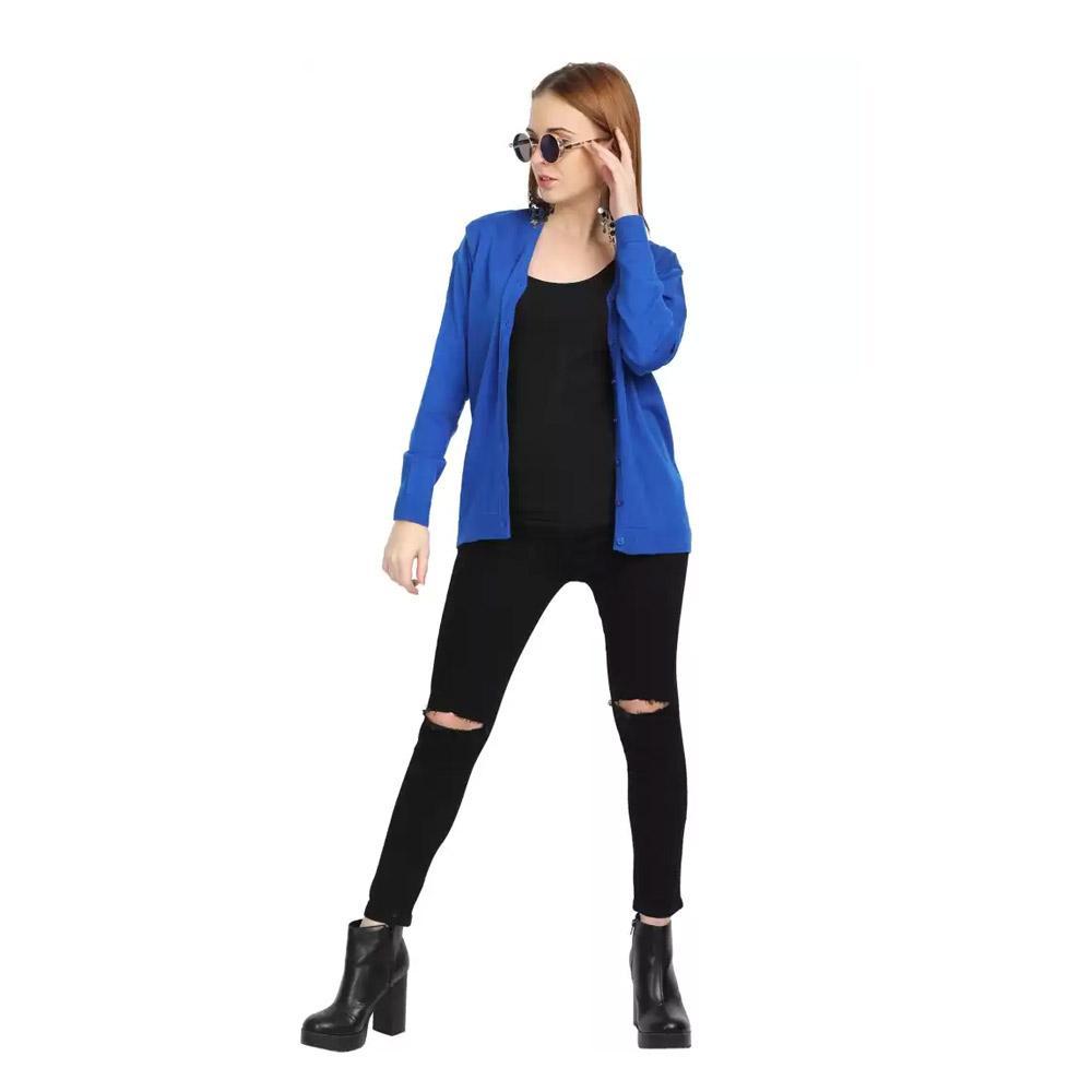 Companion Solid V Neck Casual Women Blue Sweater