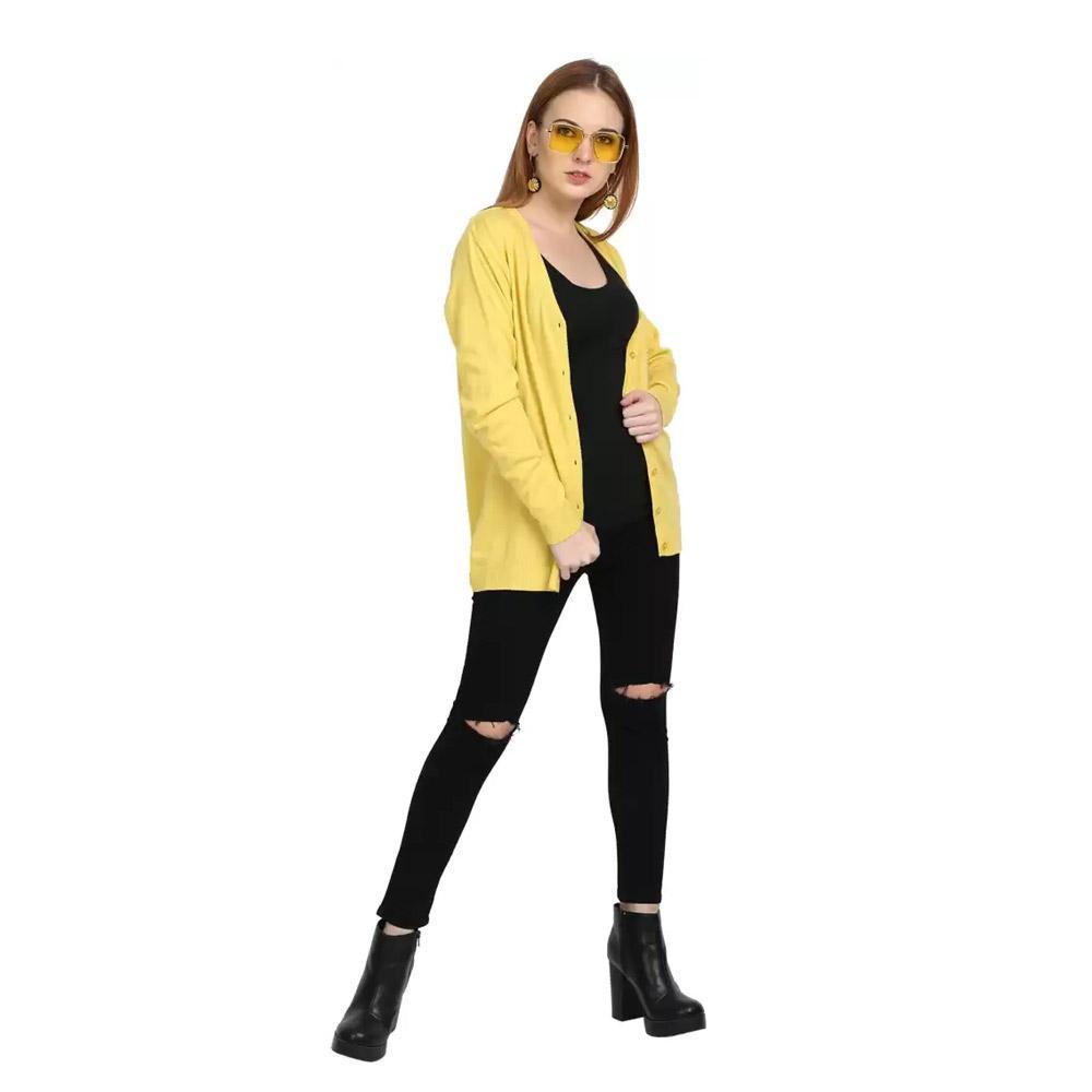 Companion Solid V Neck Casual Women Yellow Sweater