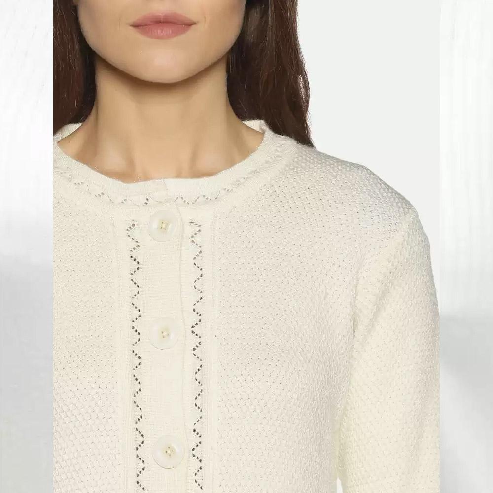 Companion Solid Round Neck Casual Women White Sweater