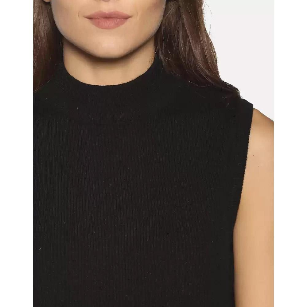 Companion Solid High Neck Casual Women Black Sweater Sleeveless