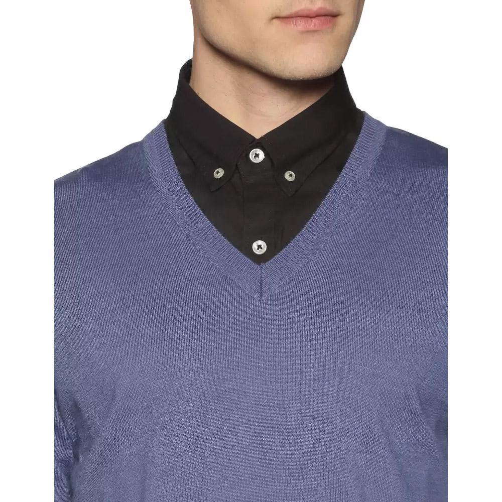 Companion Solid V Neck Casual Men Blue Sweater