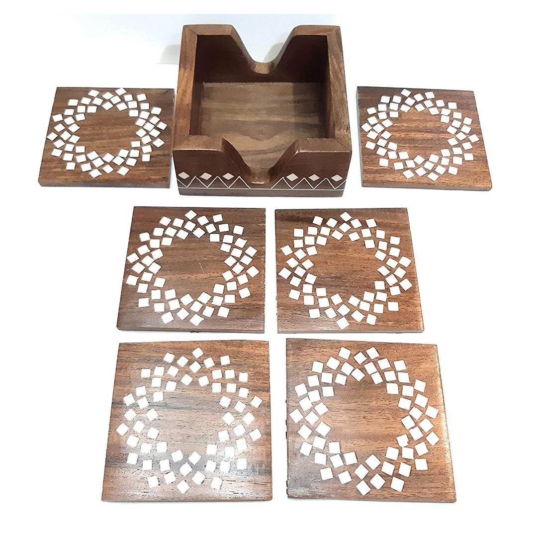 KBL Wooden Handmade Set of 6 with Decorative Holder Tabletop Coasters for Tea Coffee Cups Mugs Beer Cans Bar Glass Indian Handicrafts(4inchx4inch) Square