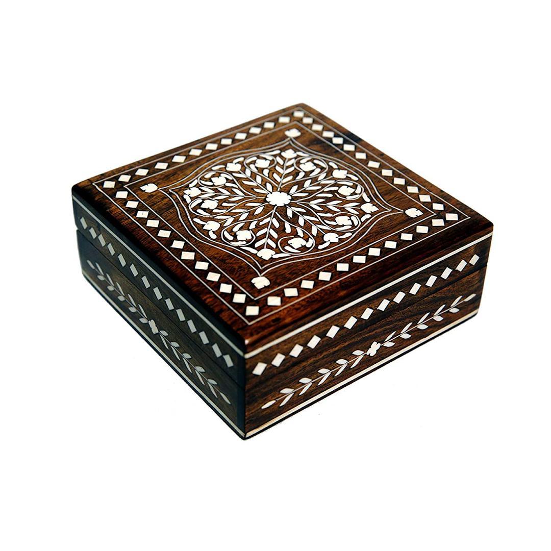 KBL Handmade Wooden Jewellery Box for Women Wood Jewel Organizer, Storage Box, Hand Inlay with Intricate Inlay Gift Items - 6 inches Square (Brown)