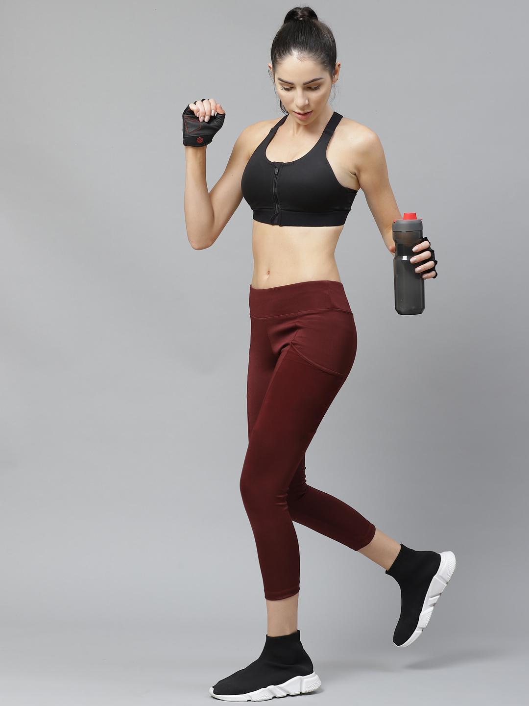 Women Maroon Solid 3/4th Tights