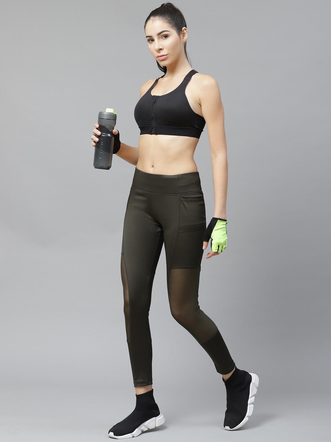 Women Olive Green Solid High Rise Tights with Mesh Detail