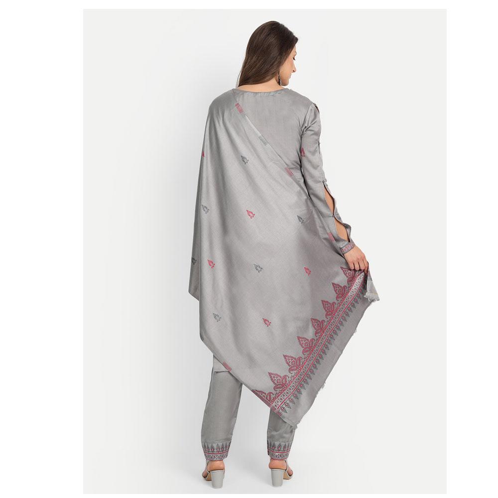Hemkunt Fabrics Viscose Printed Unstitched Kurta & Palazzo Material (Light Grey)
