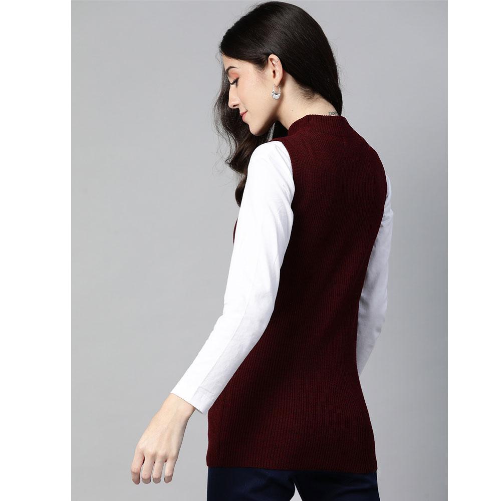 Women Maroon Melange  Mock Neck Top
