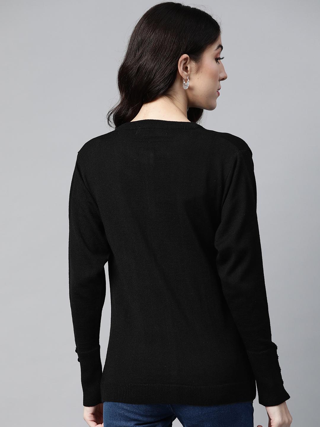 Women Black Round Neck Cardigan With Buttoned Sleeves