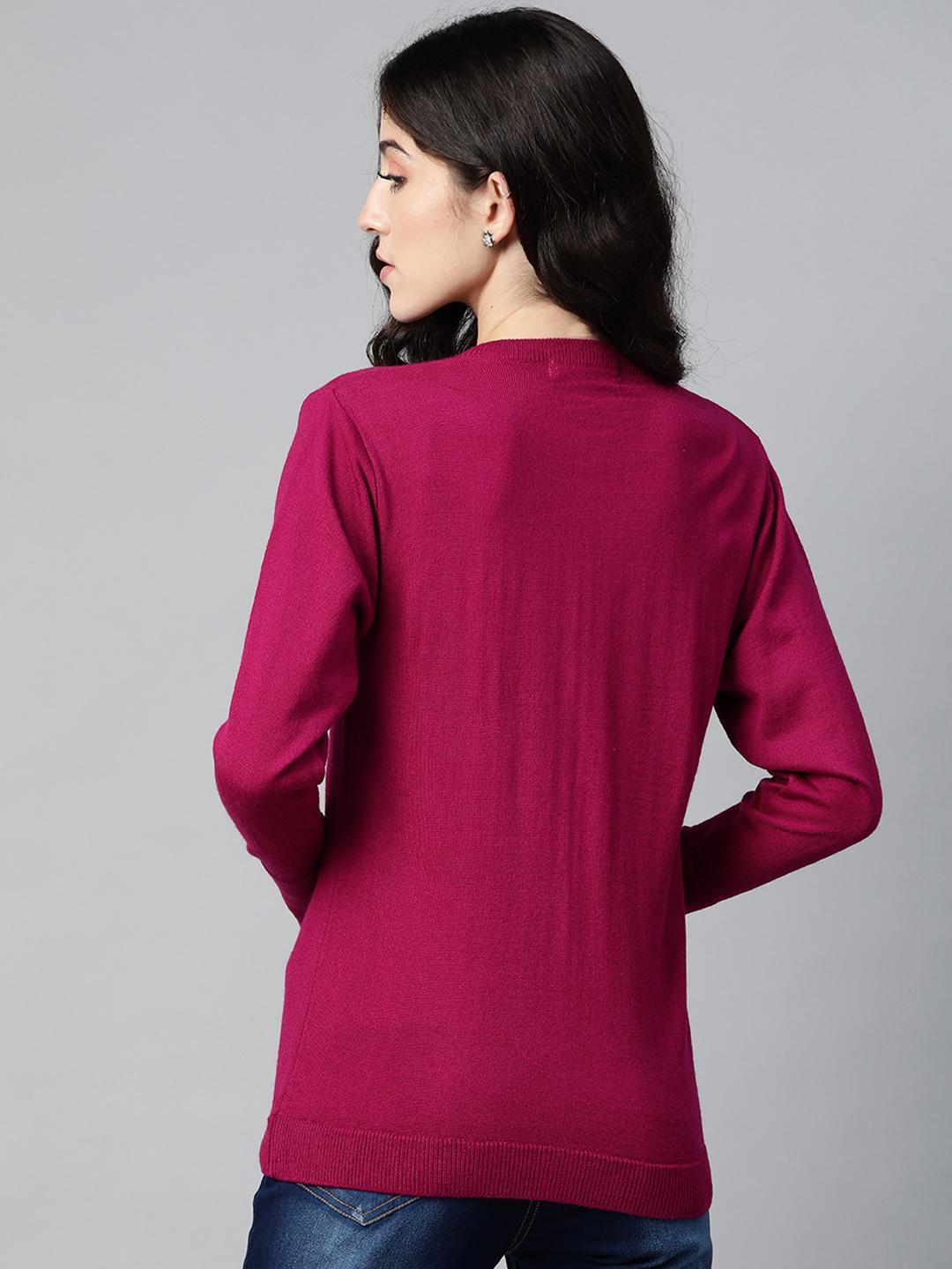 Women Magenta Round Neck Cardigan With Buttoned Sleeves