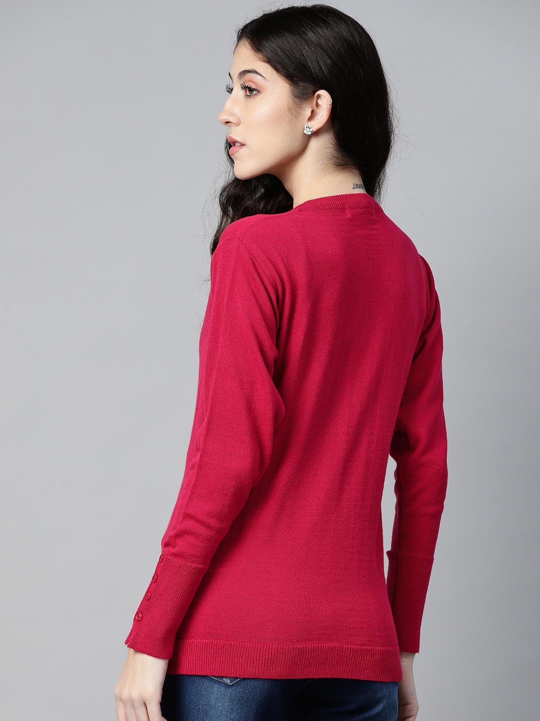 Women Wine Red Round Neck Cardigan With Buttoned Sleeves