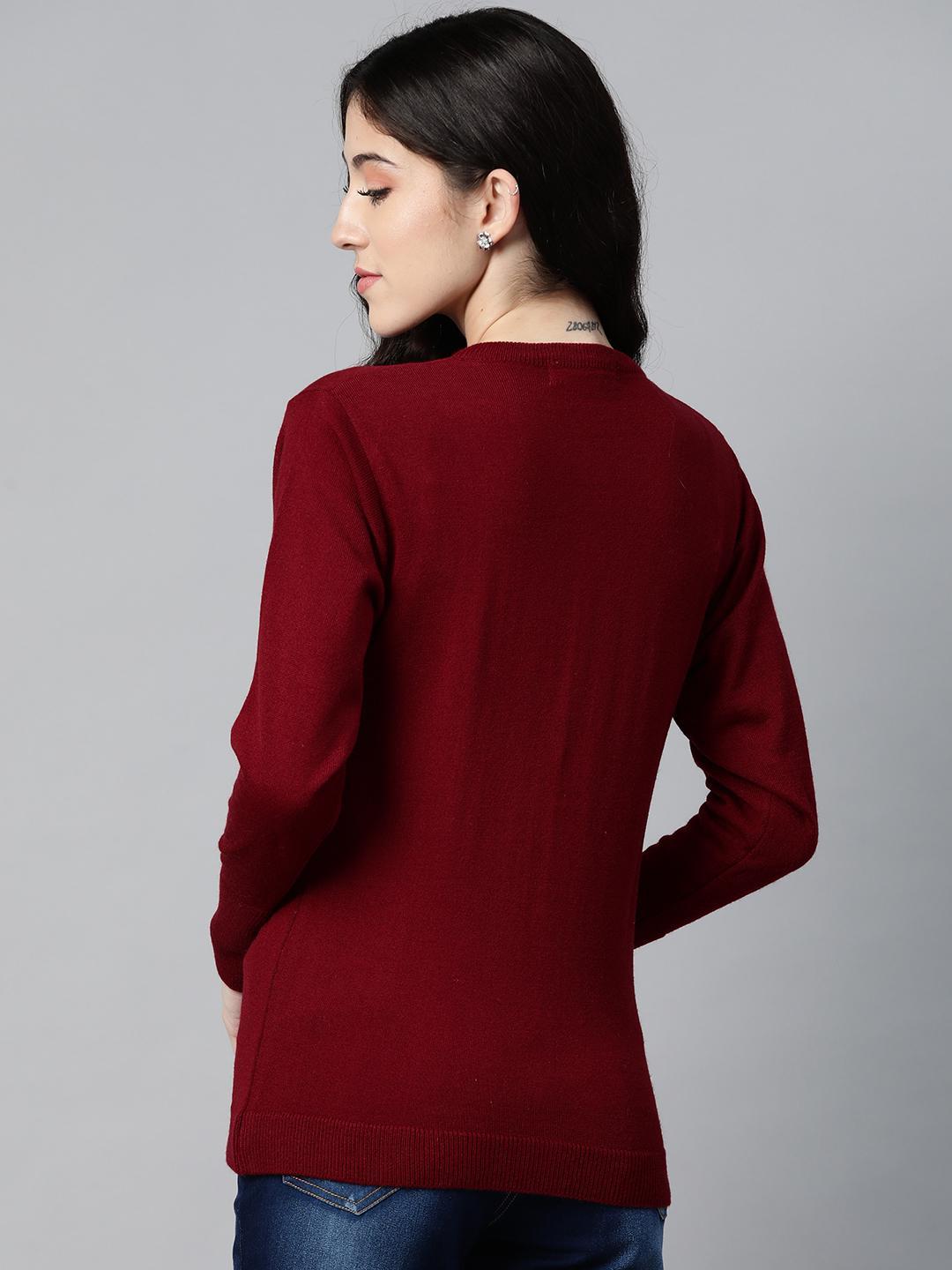 Women Maroon Round Neck Cardigan With Buttoned Sleeves