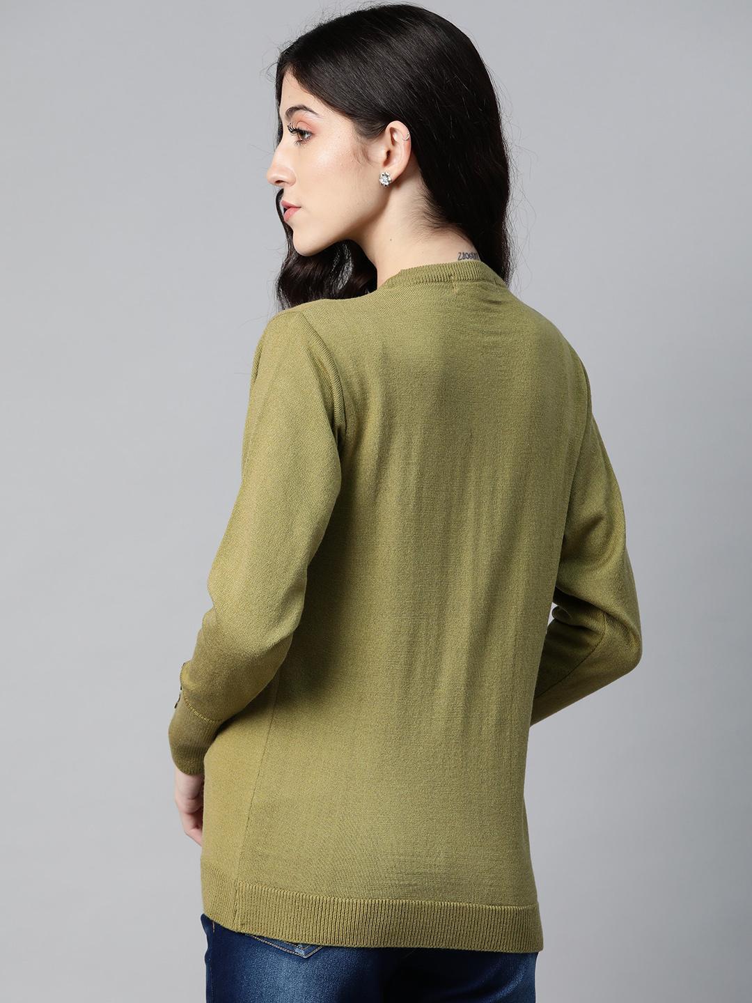 Women Pista Green Neck Cardigan With Buttoned Sleeves