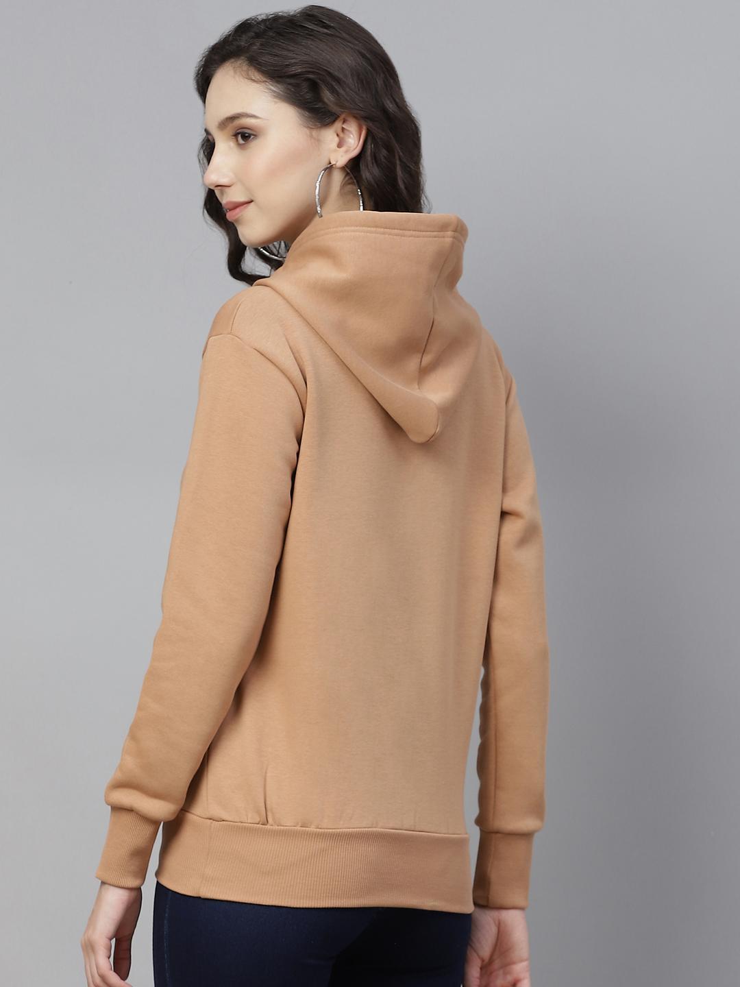 PICOT Women Beige Solid Hooded Sweatshirt