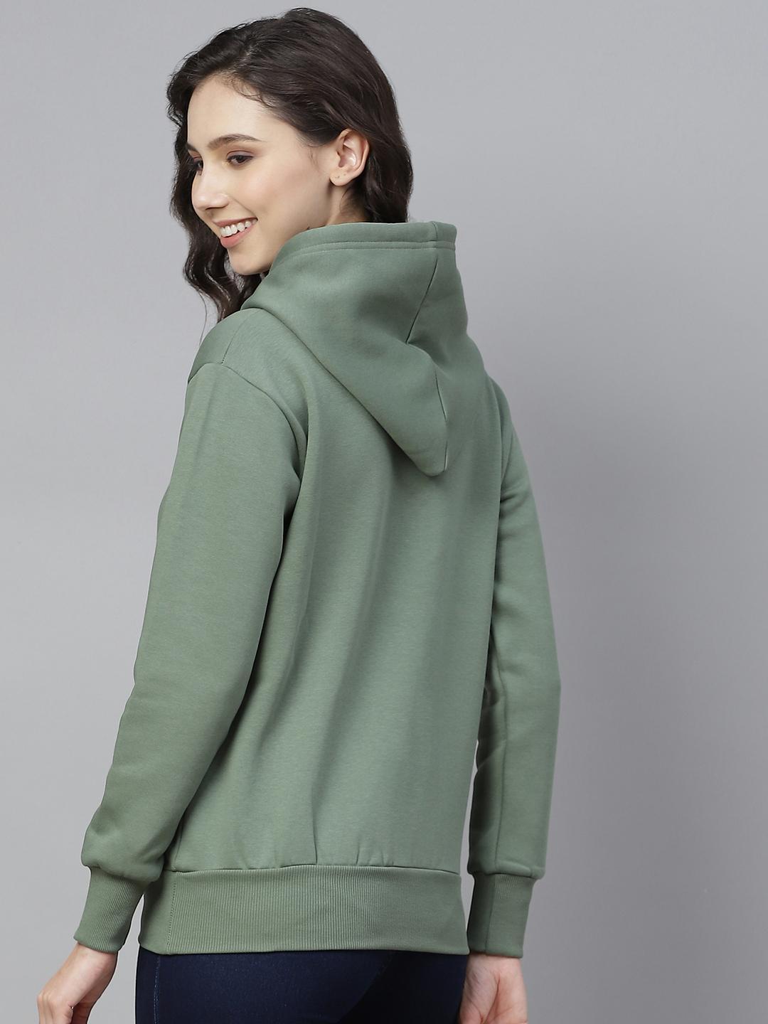 PICOT Women Green Solid Hooded Sweatshirt