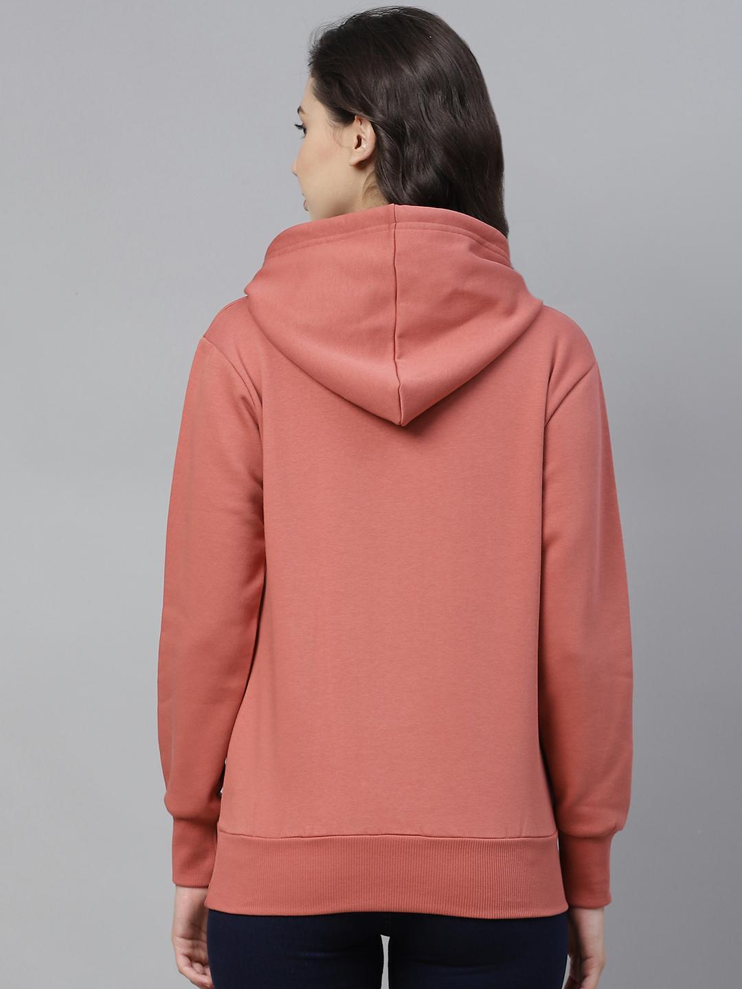 PICOT Women Peach-Coloured Solid Hooded Sweatshirt