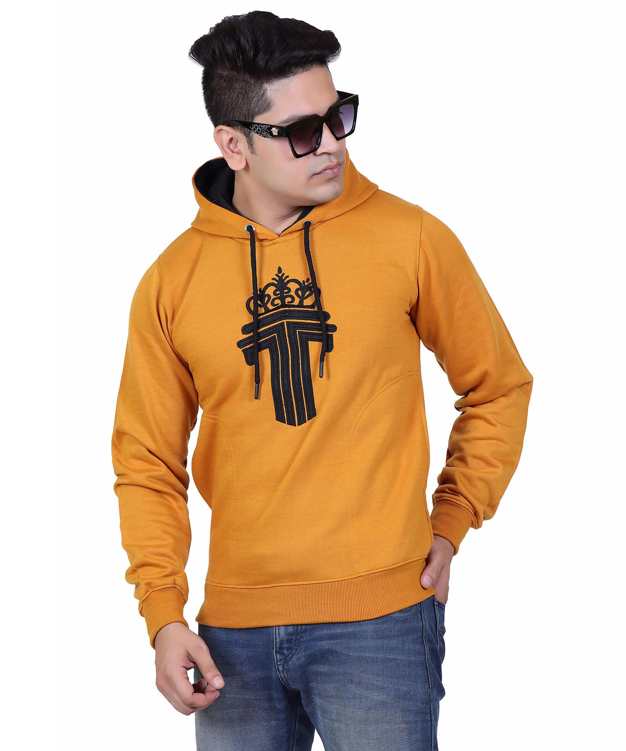 Full Sleeve Embroidered Solid Men Hoodies – Mustard
