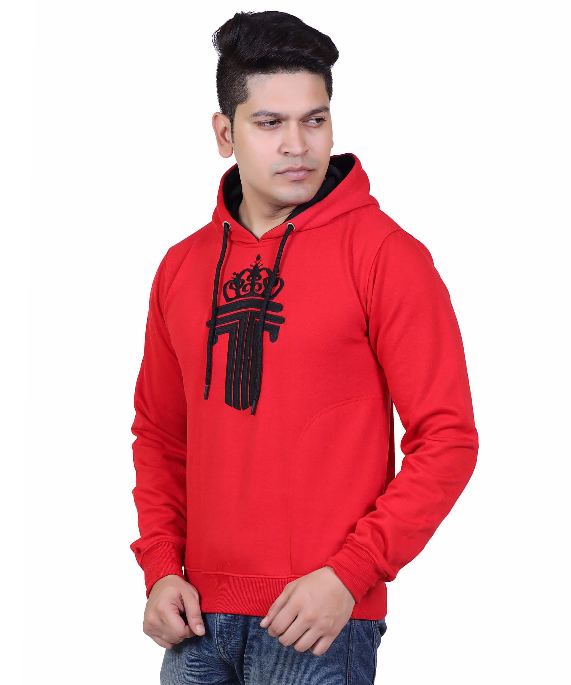 Full Sleeve Embroidered Solid Men Hoodies – Red