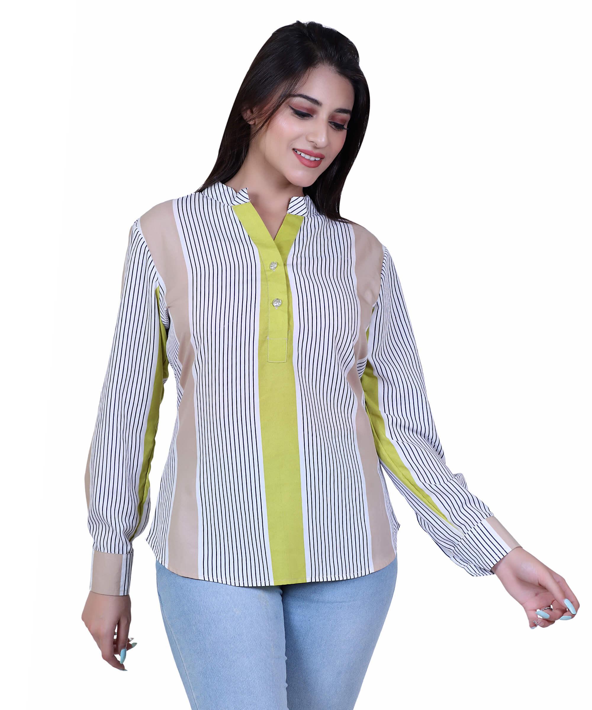 SECT-WT WOMEN TOP PRINT- CREAM GREEN STRIP