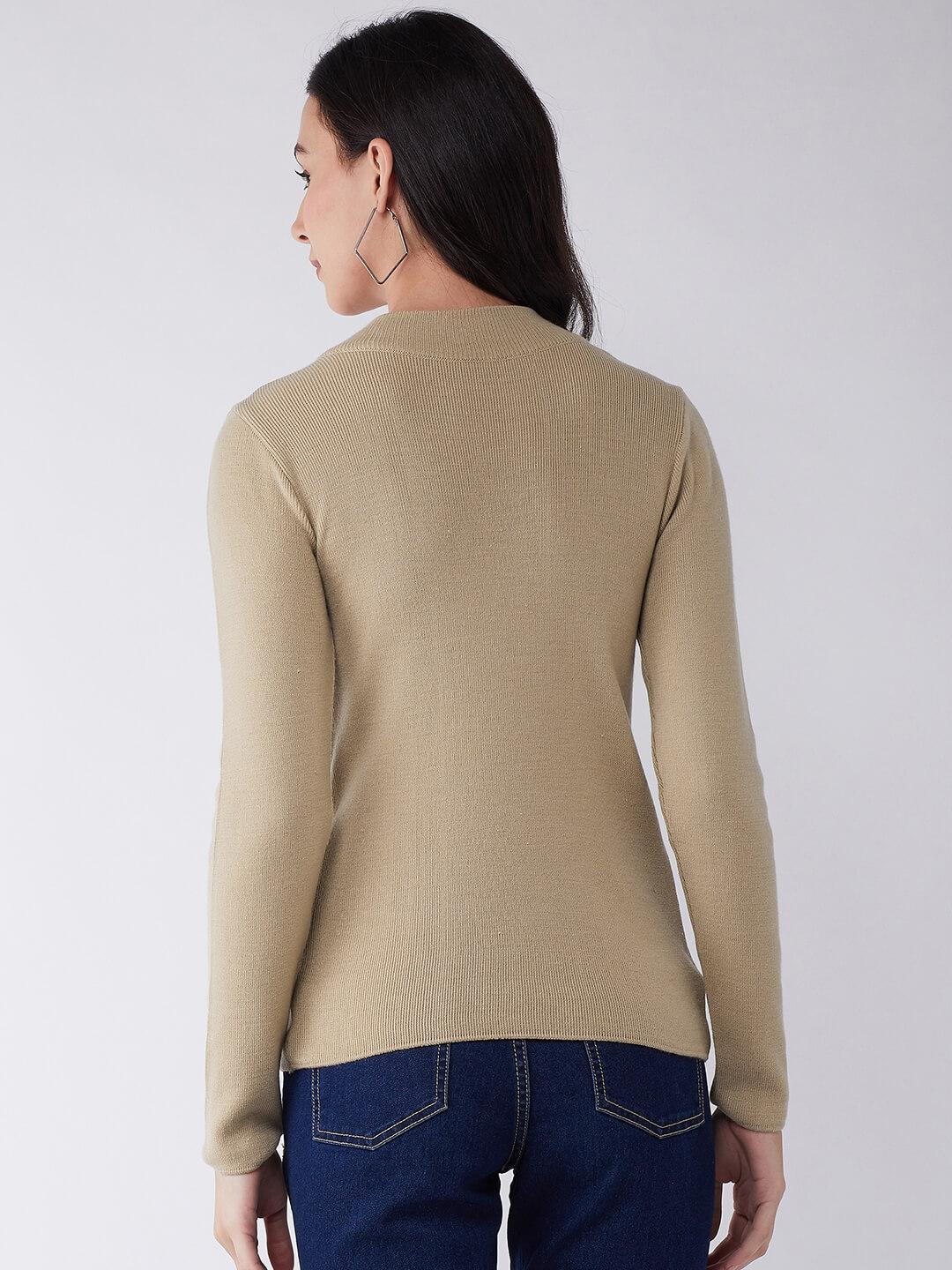 RVK Women Acrylic Beige Solid Pullover Sweater