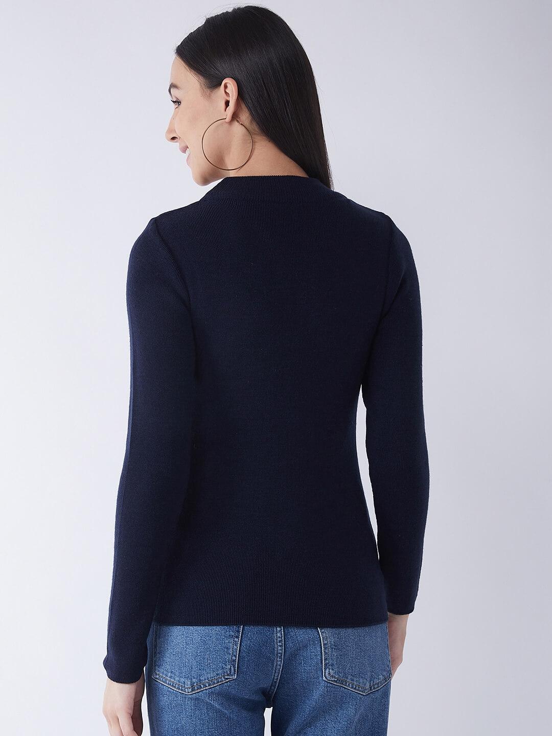 RVK Women Acrylic Navy Blue Ribbed Pullover Sweater