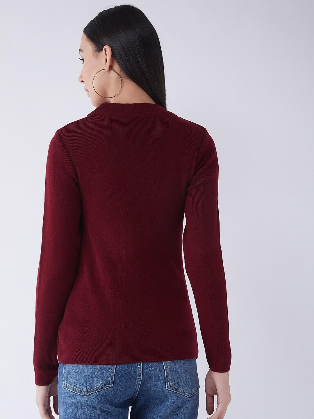 RVK Women Maroon Ribbed Pullover Sweater