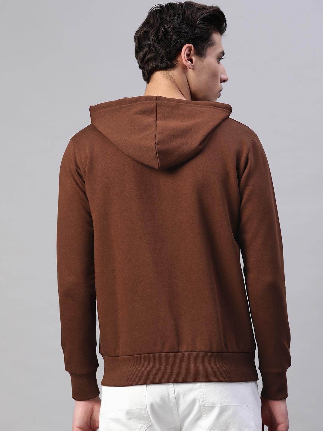 Men Brown Solid Hooded Sweatshirt
