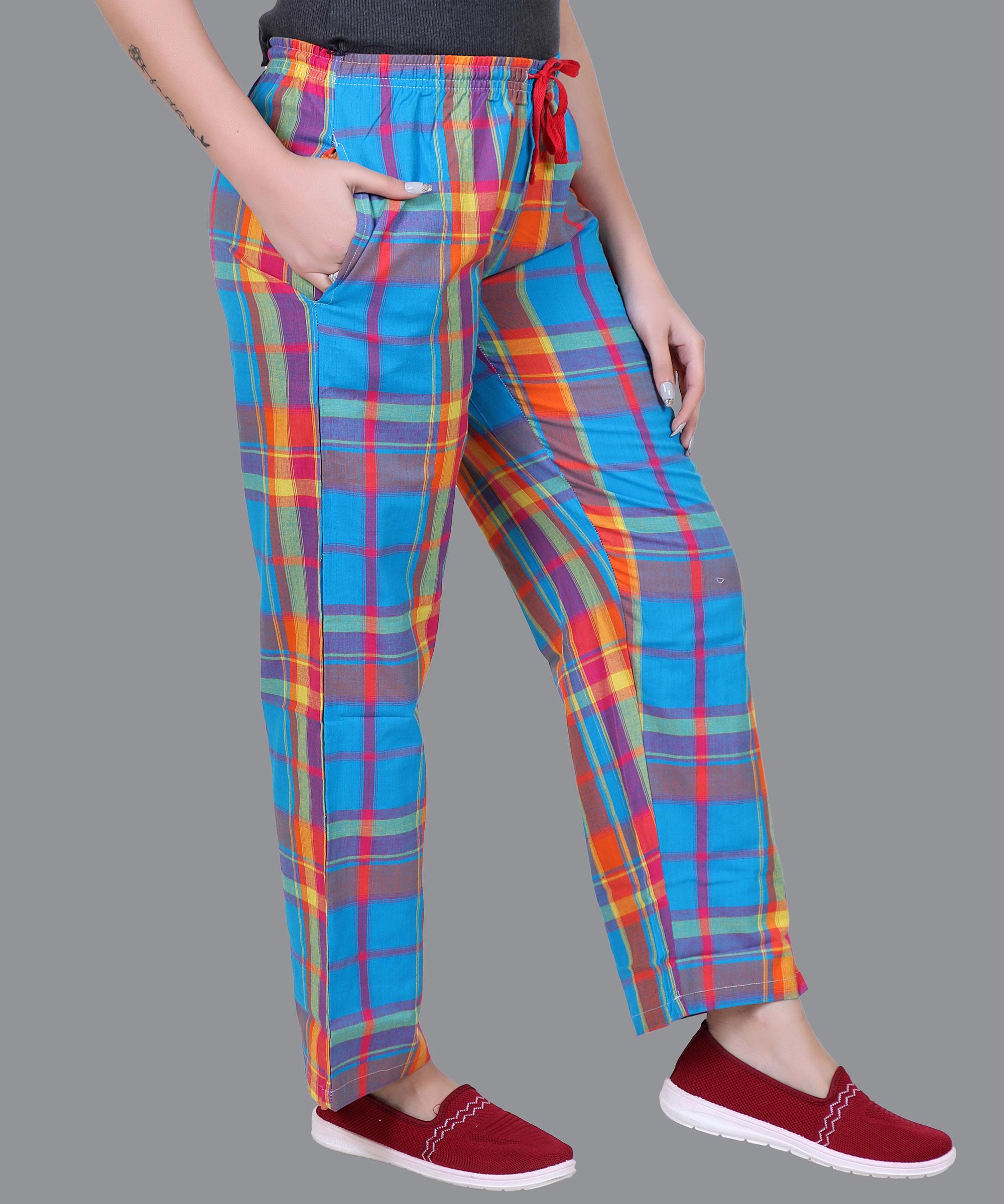 Women Blue & Orange Checked Pajama Regular Fit 