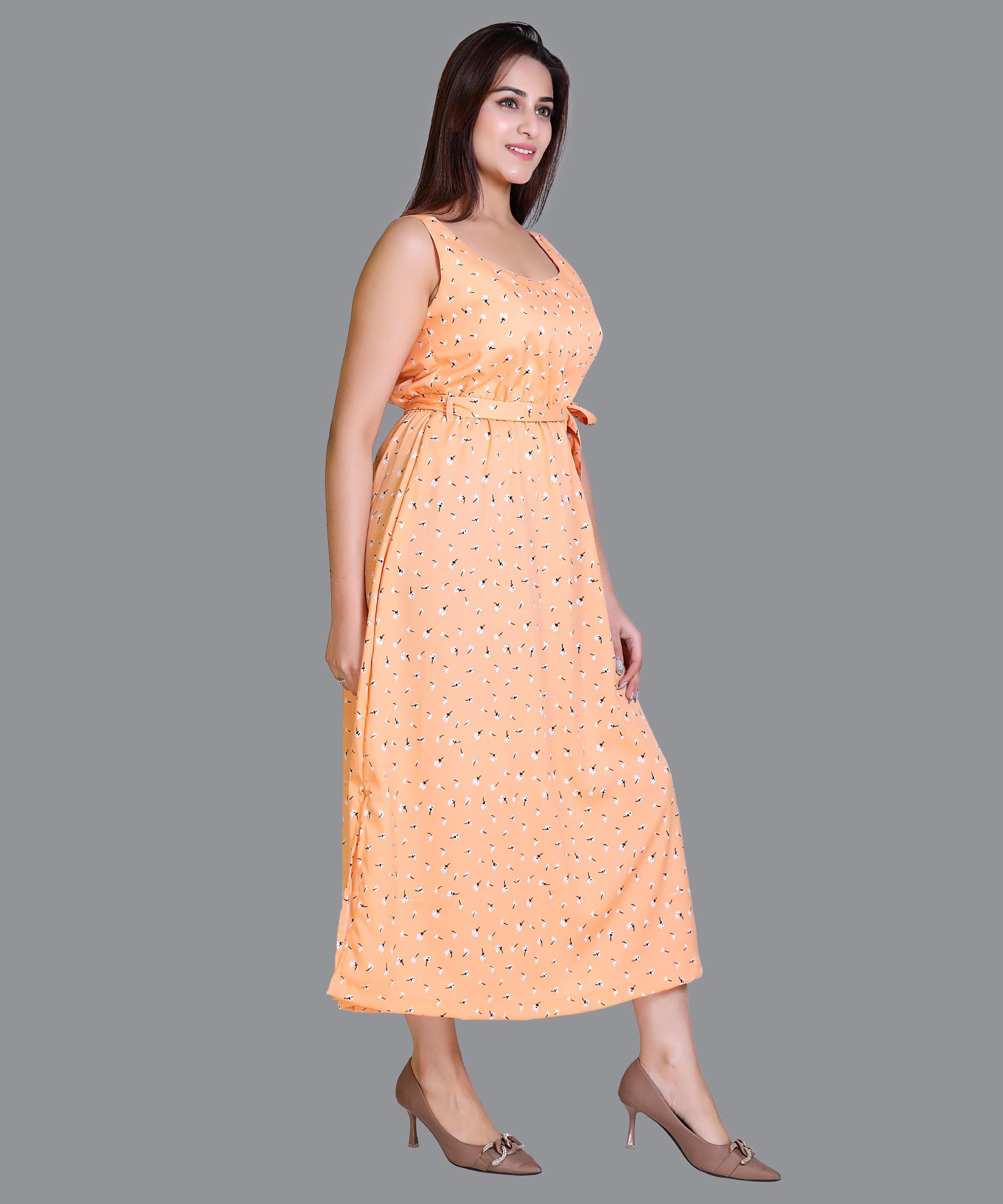 Women Satin Orange Print Western Dress
