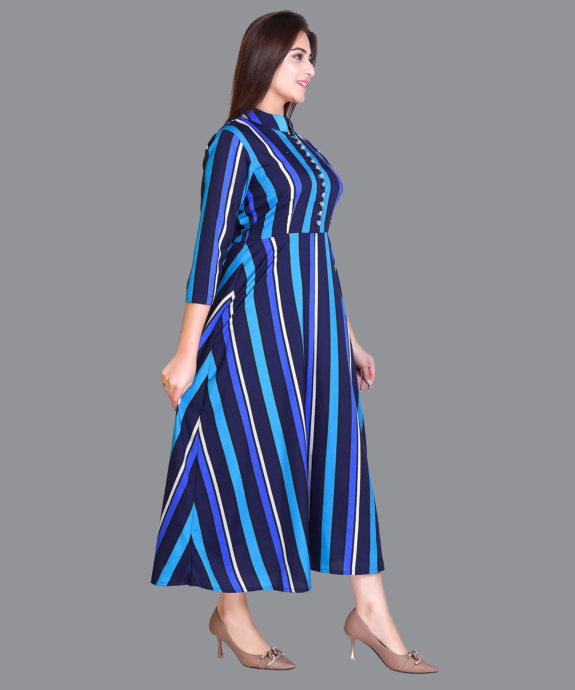 Women Satin Blue Strips Western Dress