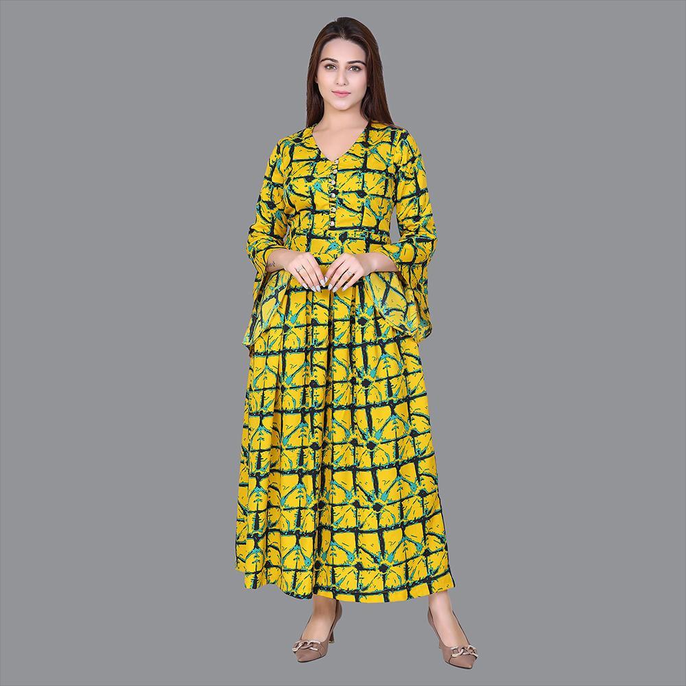 Women Satin Yellow Print Western Dress