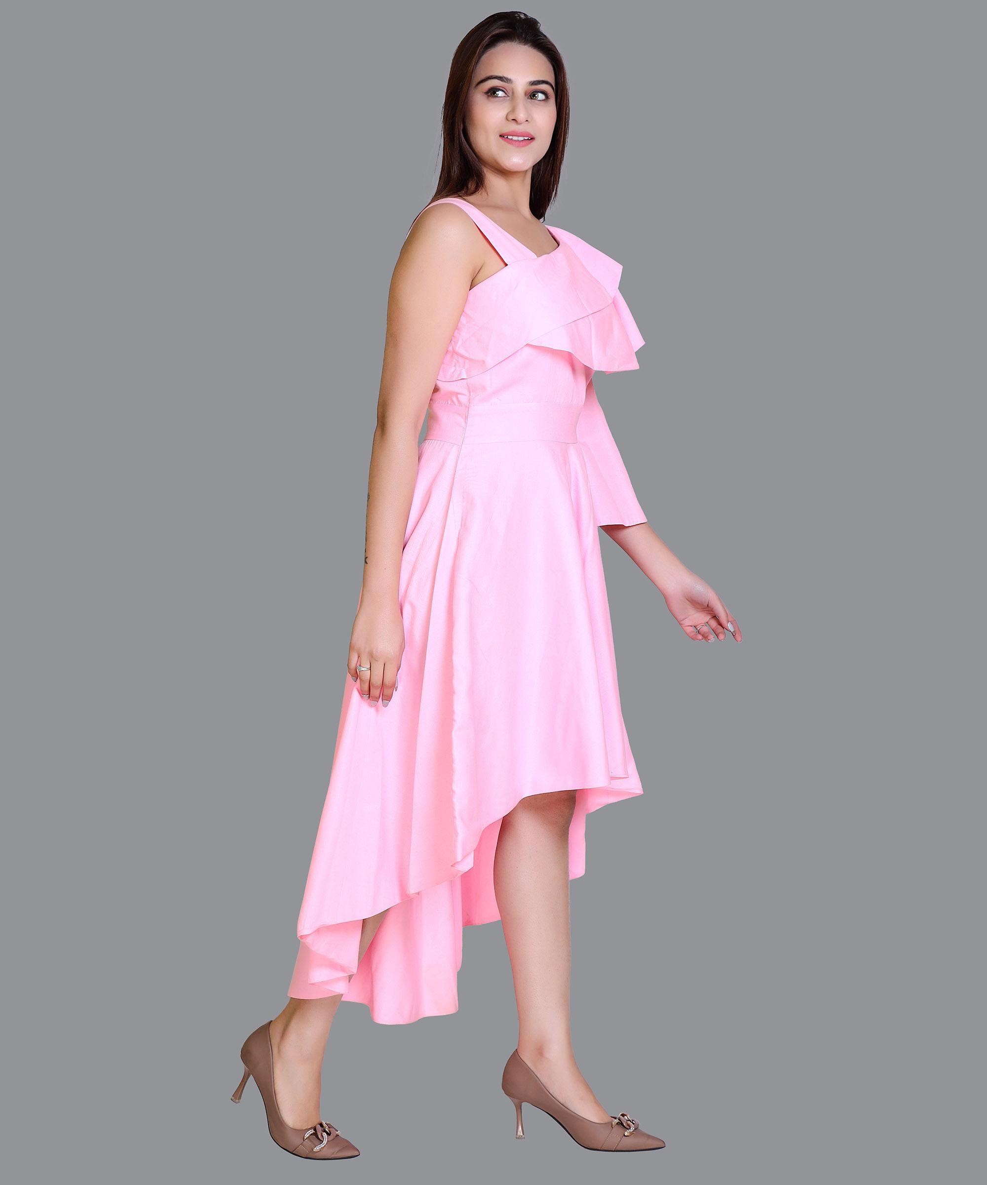 Women Satin Baby Pink Print Western Dress