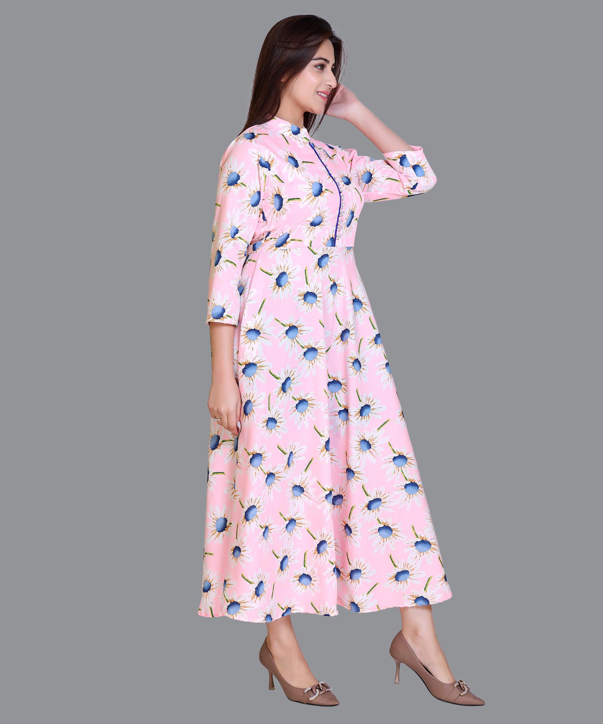 Women Satin Pink Floral Print Western Dress